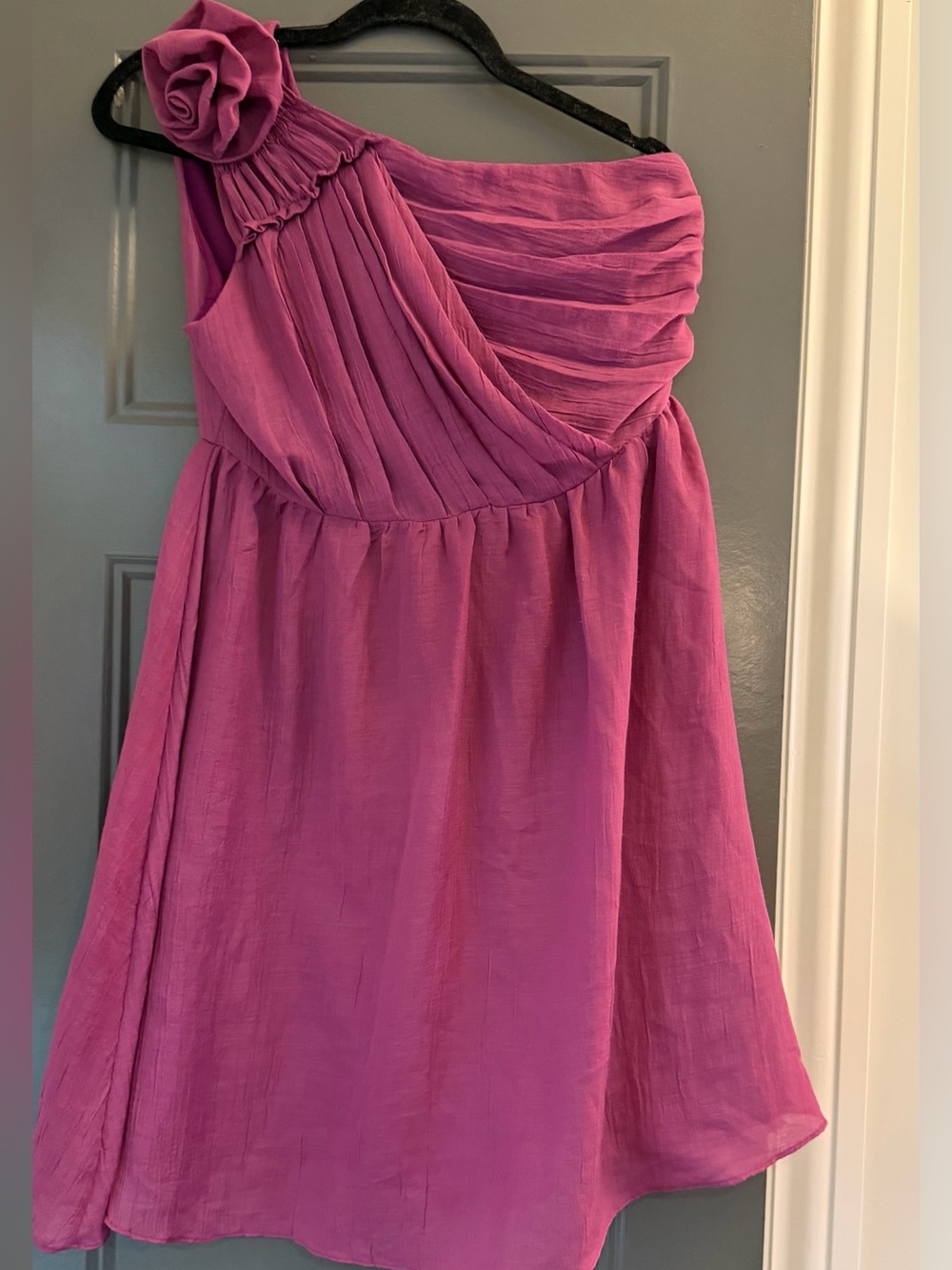 MM Couture One-Shoulder lined summer Dress Bright Fuchsia  rosette M